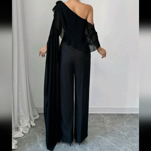 Elegant One-Shoulder Jumpsuit With 3D Floral Decor - Picture 2 of 4